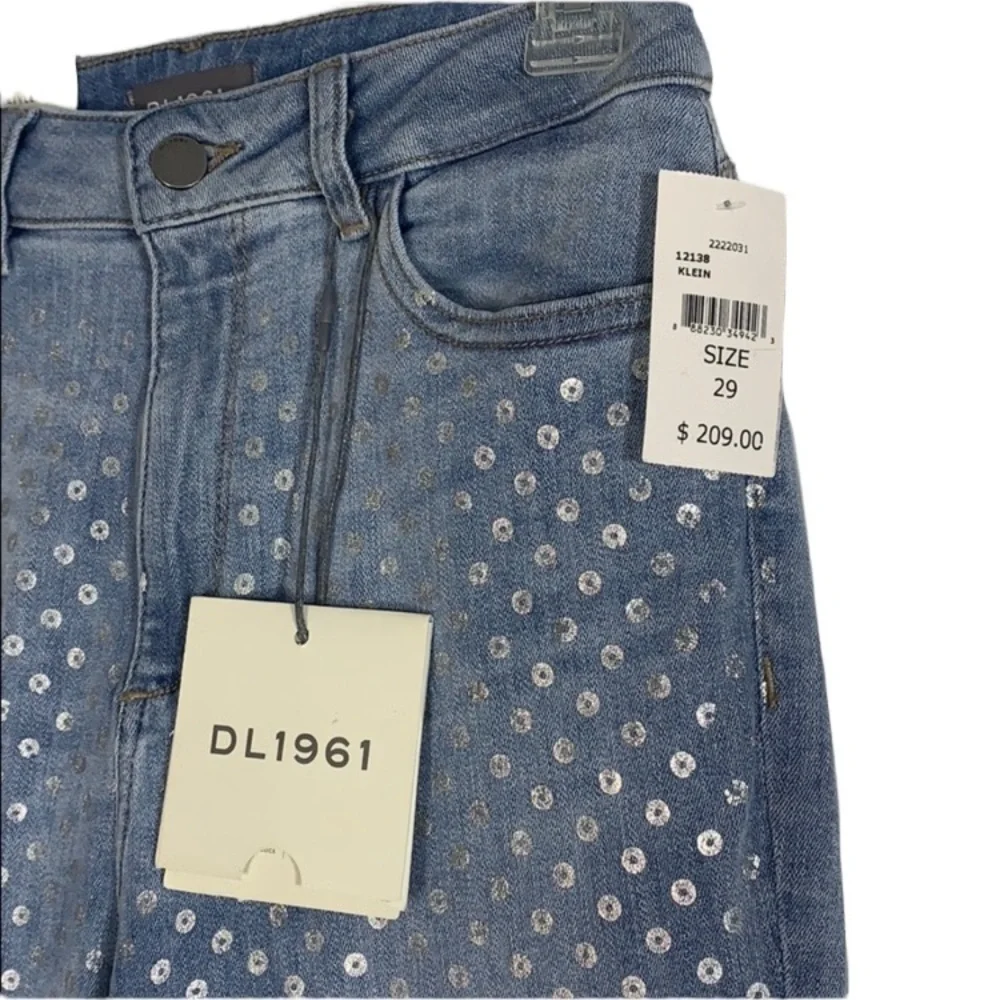 - NWT DL1961 Light Blue High Rise Farrow Skinny Jeans Metallic Dot Accents